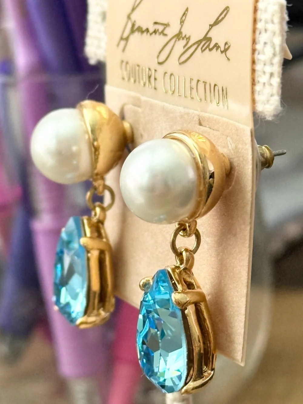 Kenneth Jay Lane Pearl and Aqua Gold-Tone Drop Earrings - Picture 5 of 6